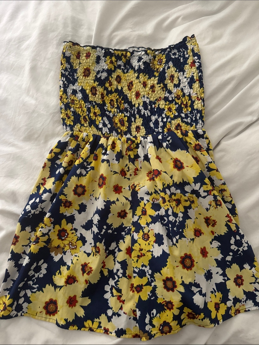 Strapless Floral Sundress in Yellow & Navy